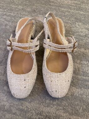 Zara Cream Tweed Slingback Mules with Double Straps